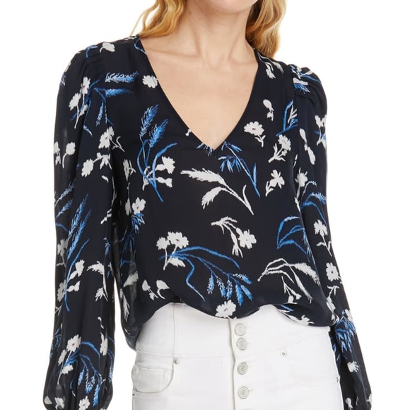 Floral V-Neck Blouse - Black and Blue - Picture 1 of 2
